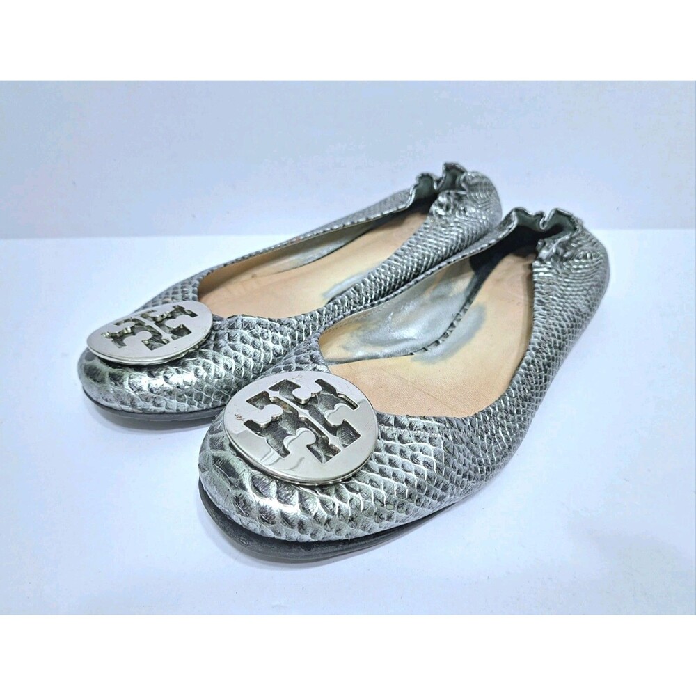Tory Burch Gold Metallic Leather Snake Pattern Flats Women's 6 Silver Black Reva